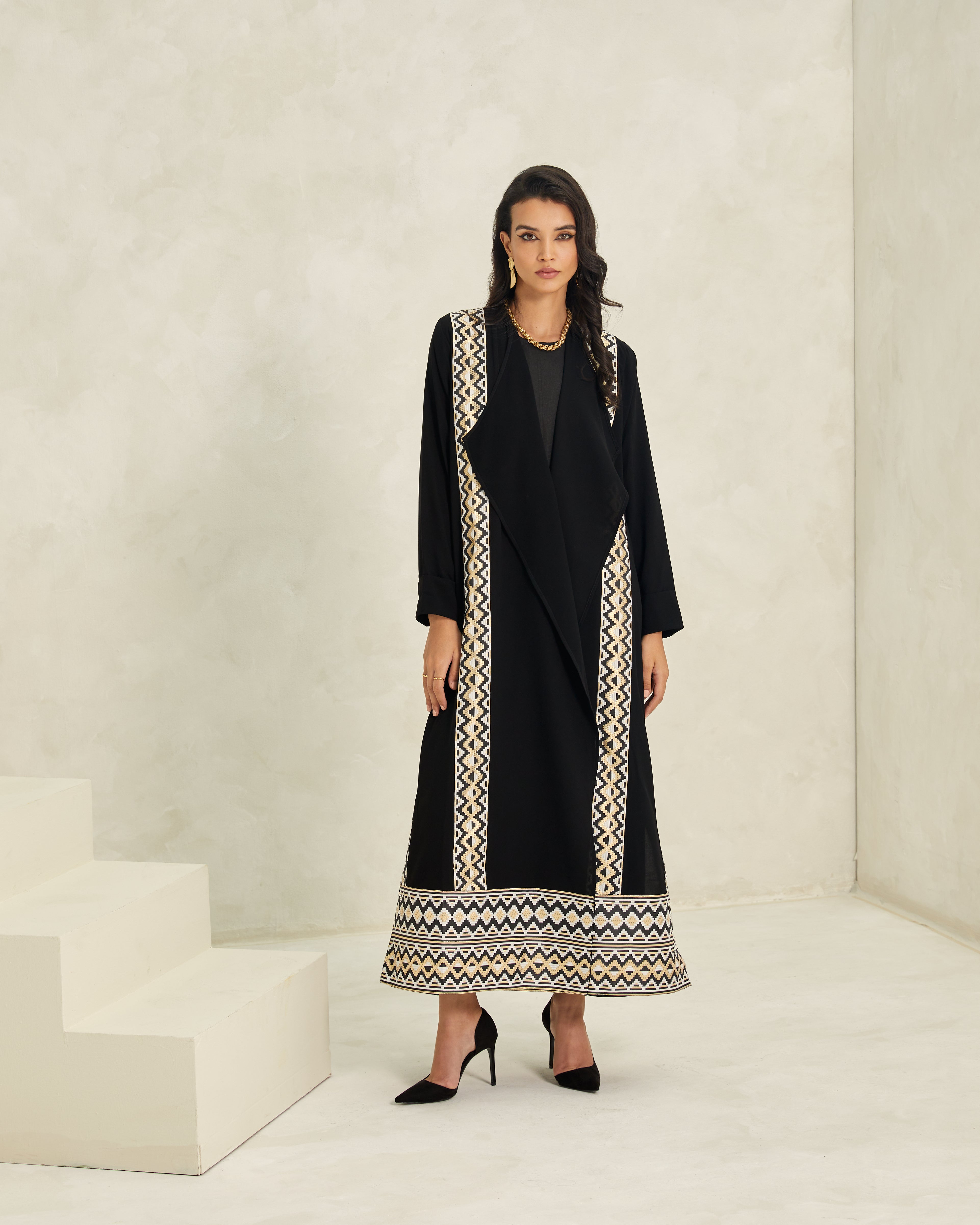 T-Length Abaya with Metallic Geometric Brocade