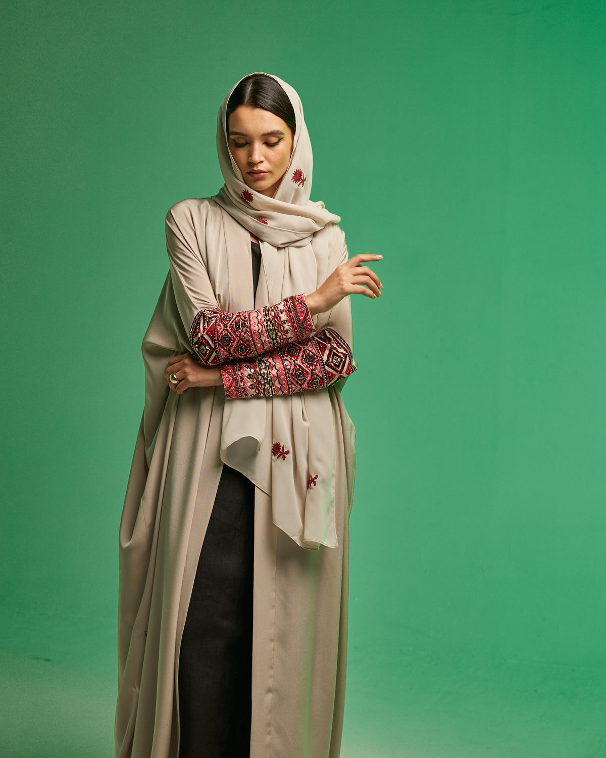 Beige Silk Crepe with Tribal Embroidery Sleeves
