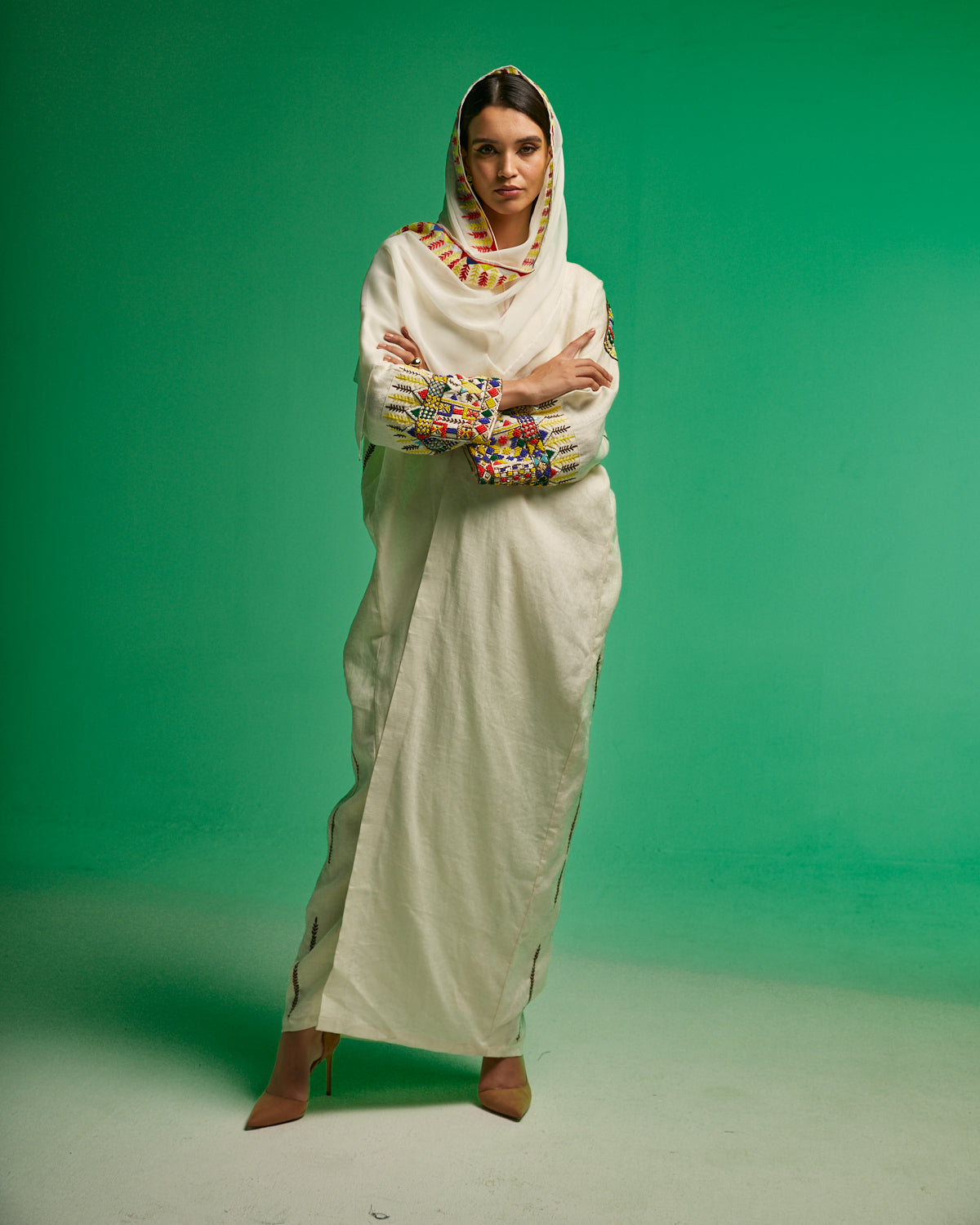 Off White Linen with Colored Tribal Embroidery