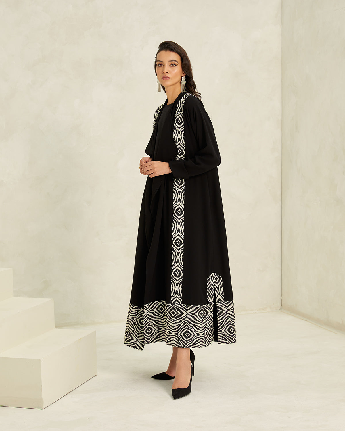 T-Length Abaya with Geometric Cotton Brocade