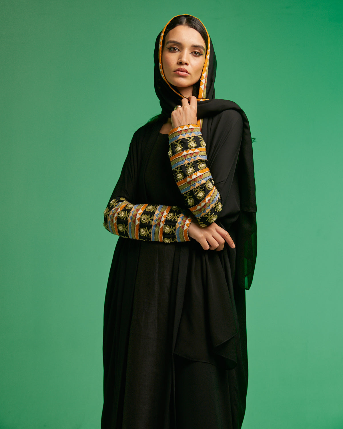Black Soft Crepe with National Sleeves Embroidery