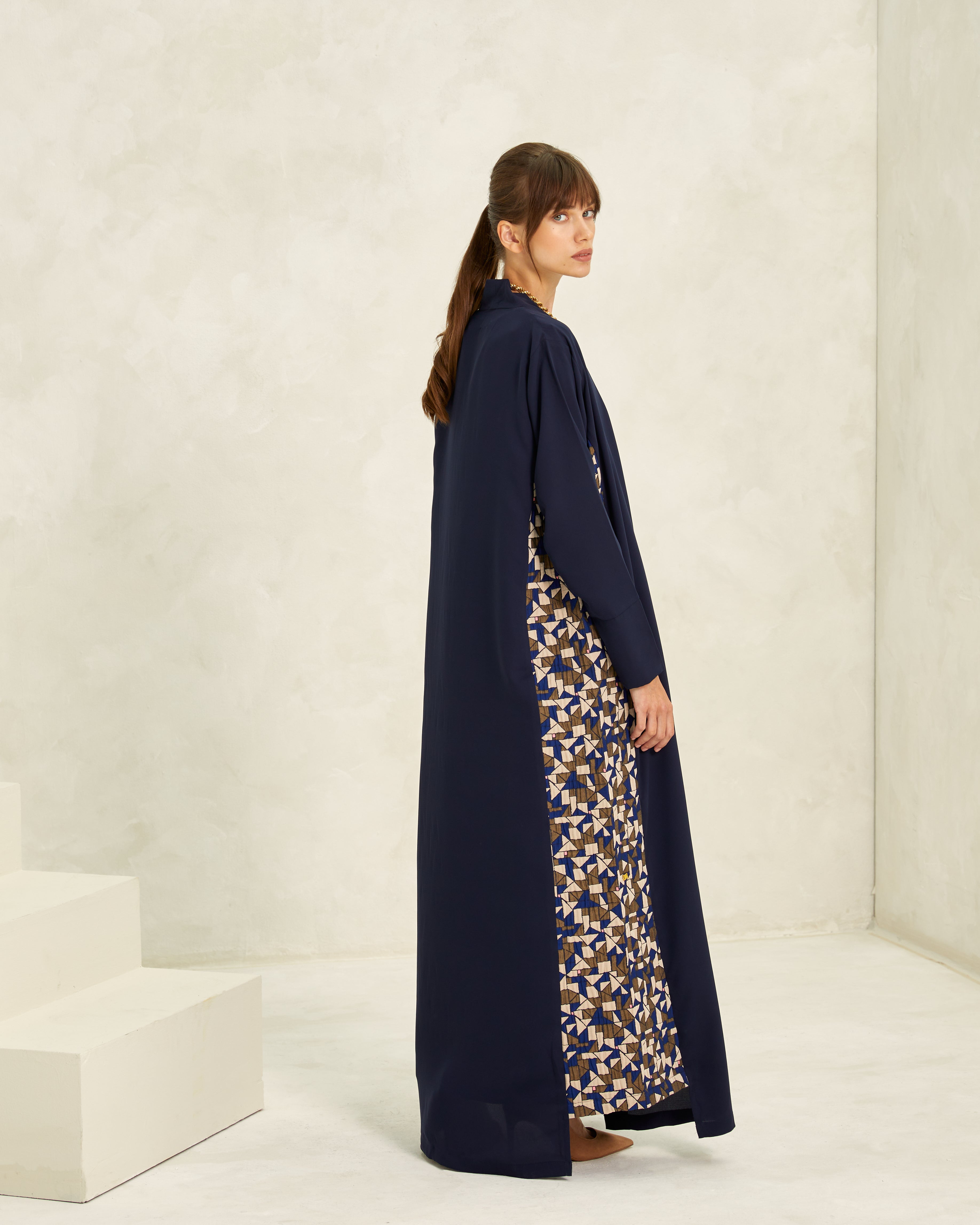 Navy Crepe with Geometric Side Panels Abaya