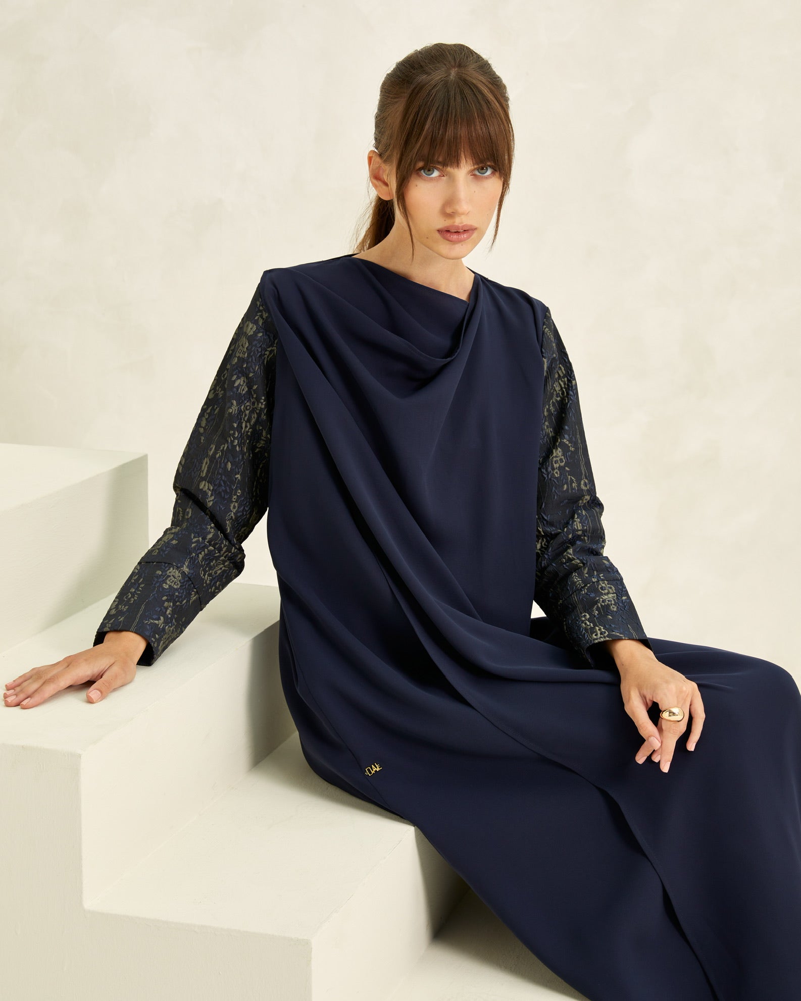 Navy Crepe Cowl Neck Abaya with Brocade Sleeves