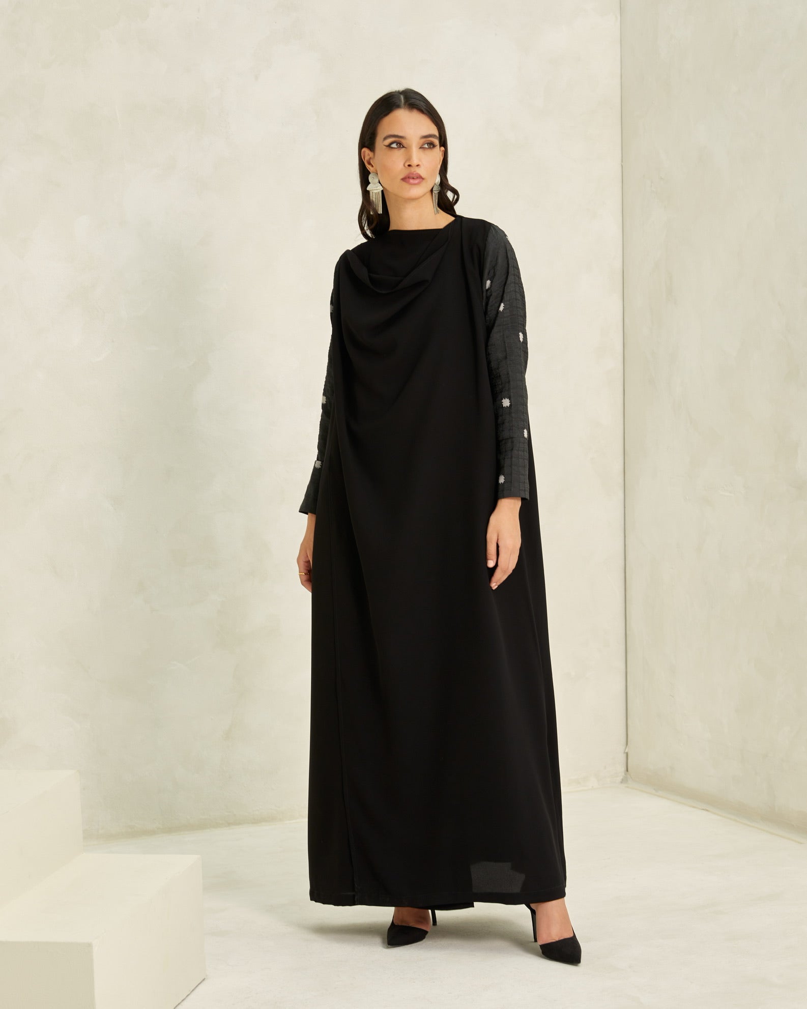 Black Crepe Cowl Neck Abaya with Brocade Sleeves