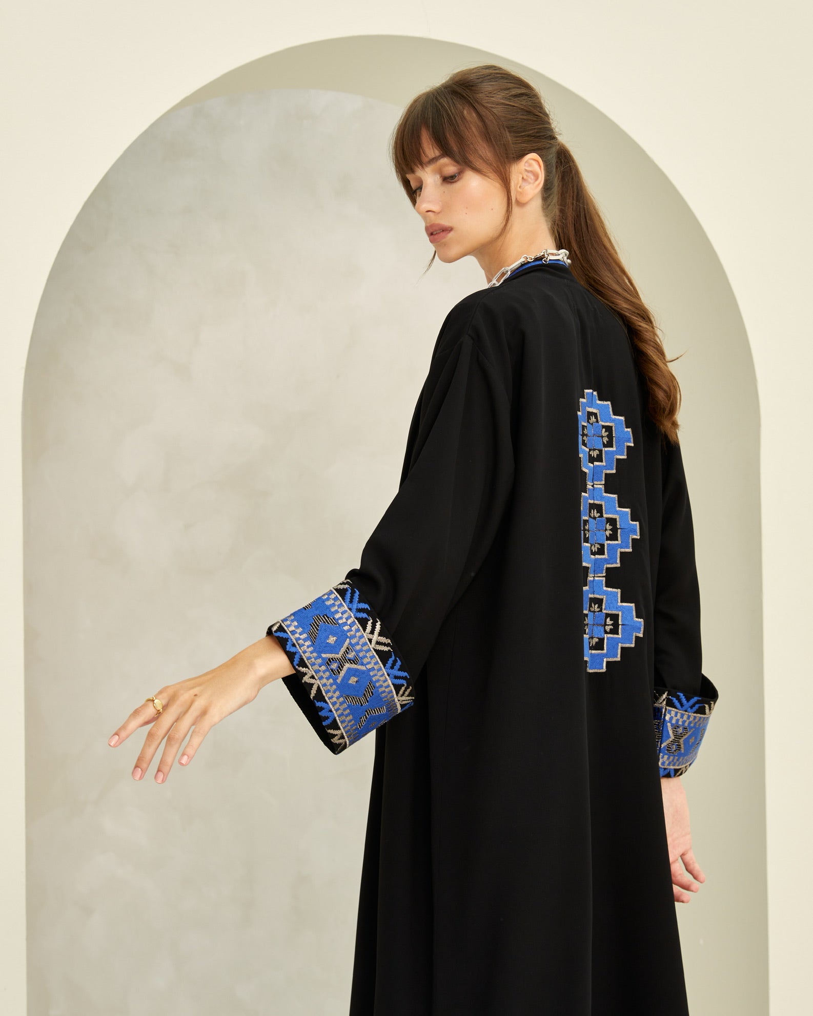 T-Length Black Crepe with Blue Embroidery