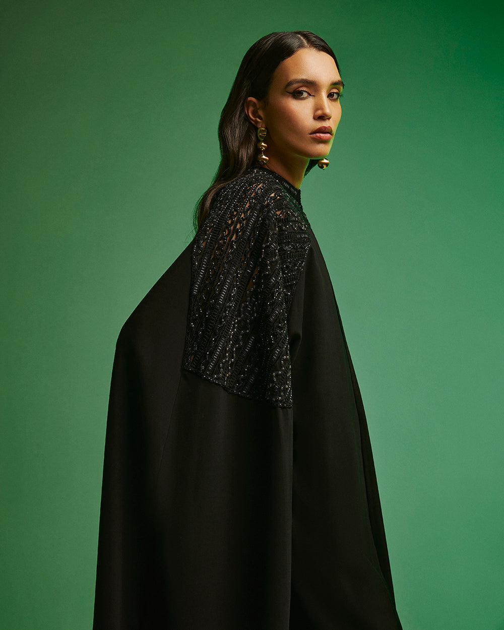 Black Crepe Cape with Embroidered