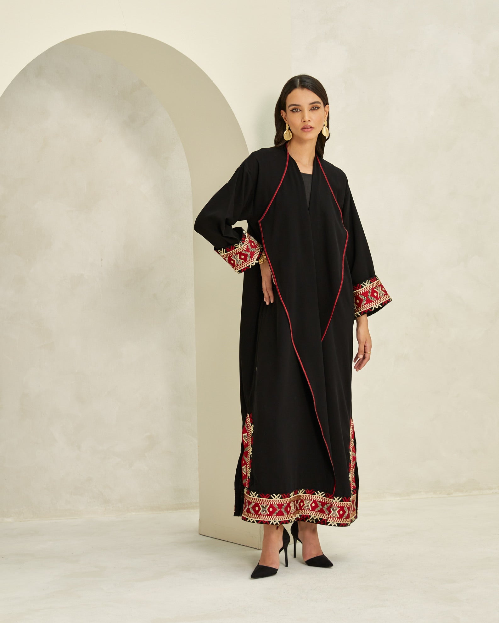 T-Length Black Crepe with Red Embroidery