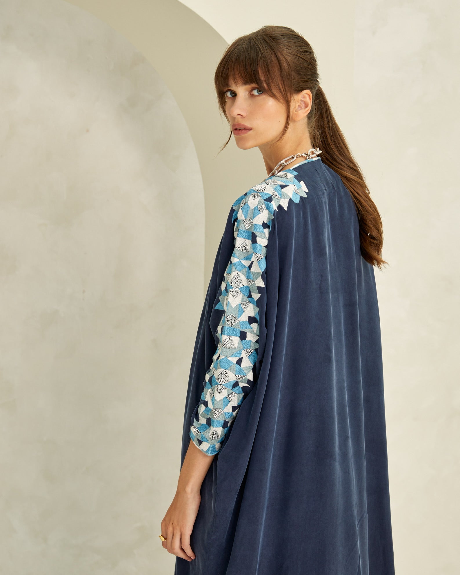 Navy Washed Silk with Spike Hand Embroidery Abaya