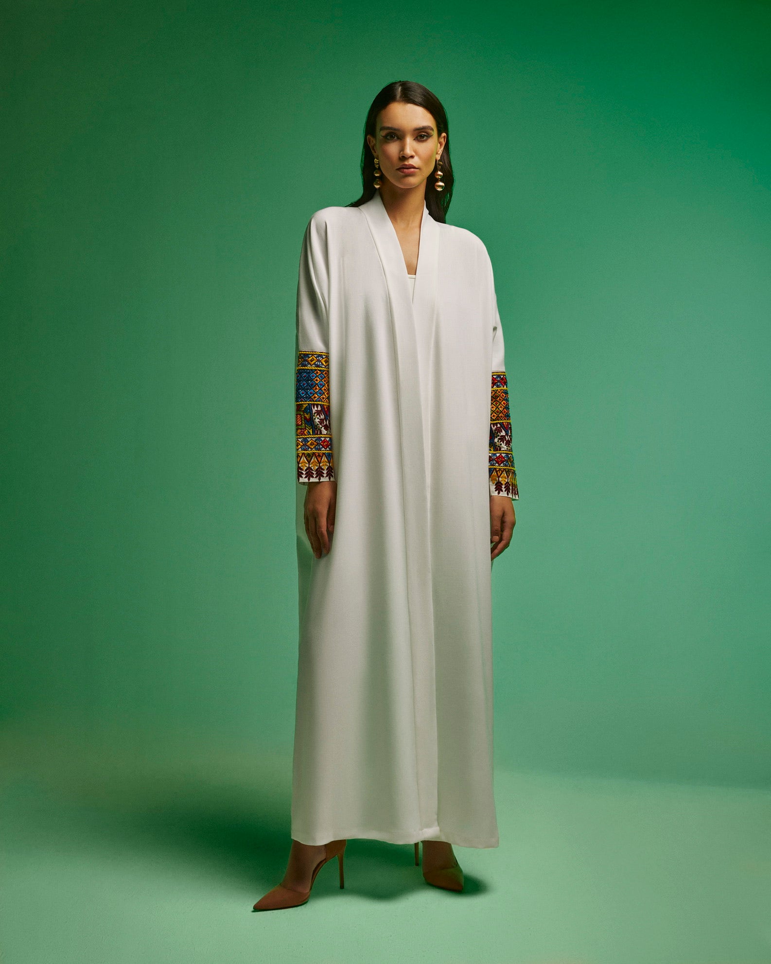 White Crepe with Tribal Embroidery Sleeves Abaya