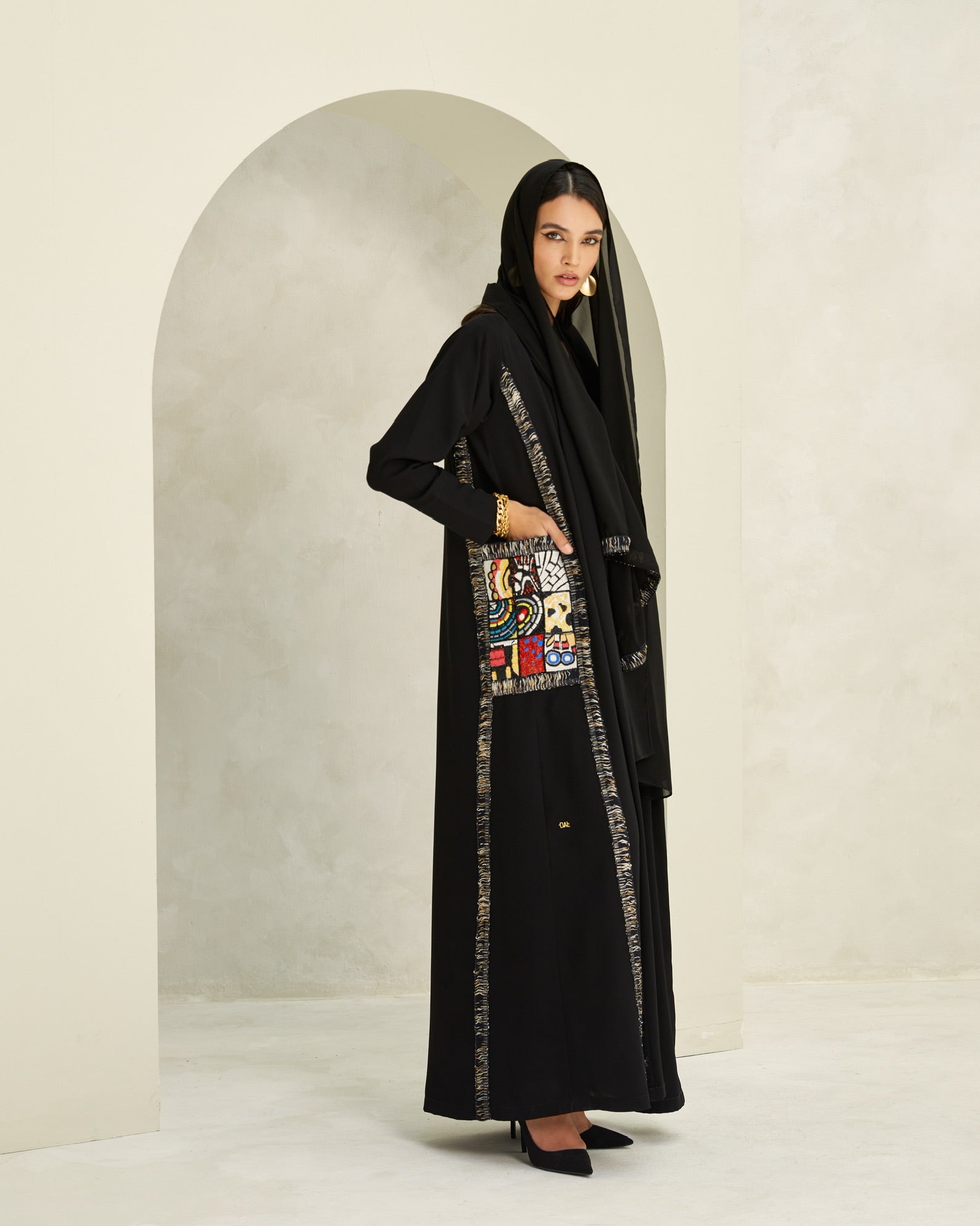 Black Crepe with Multicolor Embroidered Side Pockets Abaya