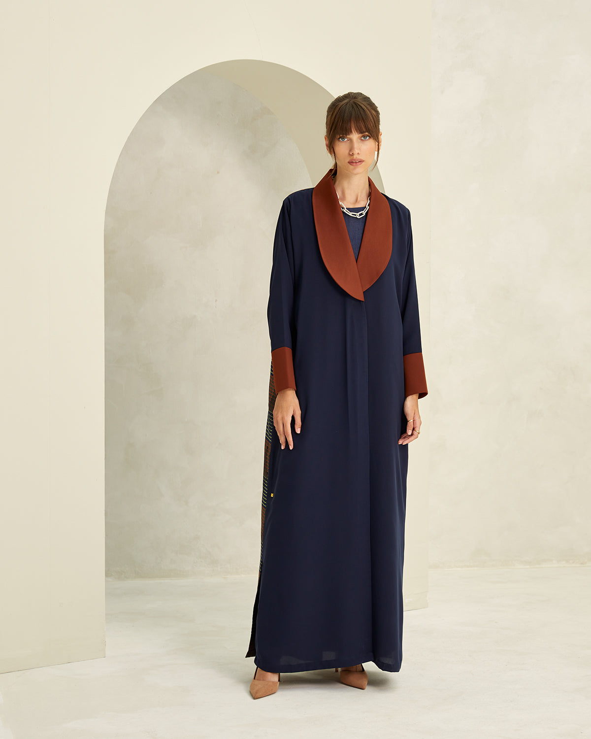 Navy Crepe with Copper Collar and Back Panel Abaya