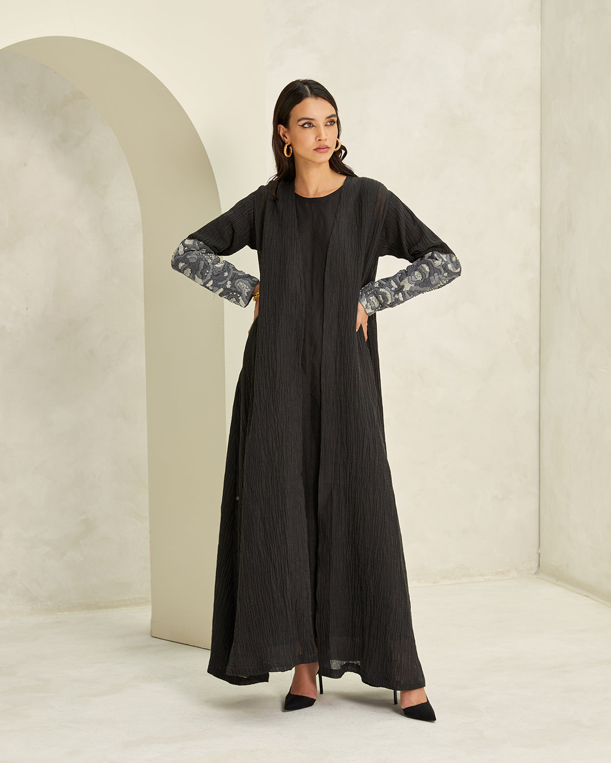 Black Crinkled Linen Abaya with Threadwork Sleeves Embroidery