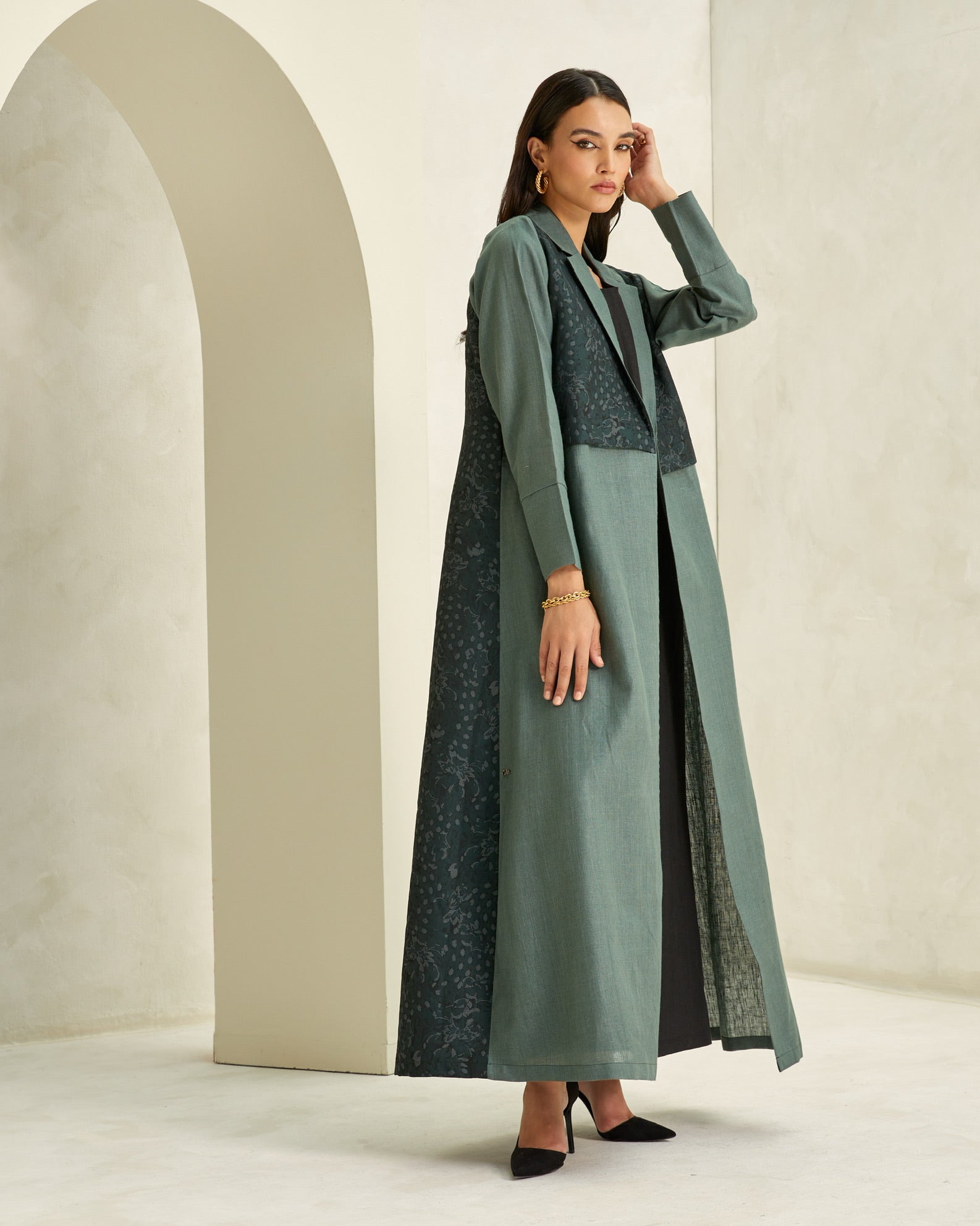 Thyme Green Linen Coat with Brocade Back Panel