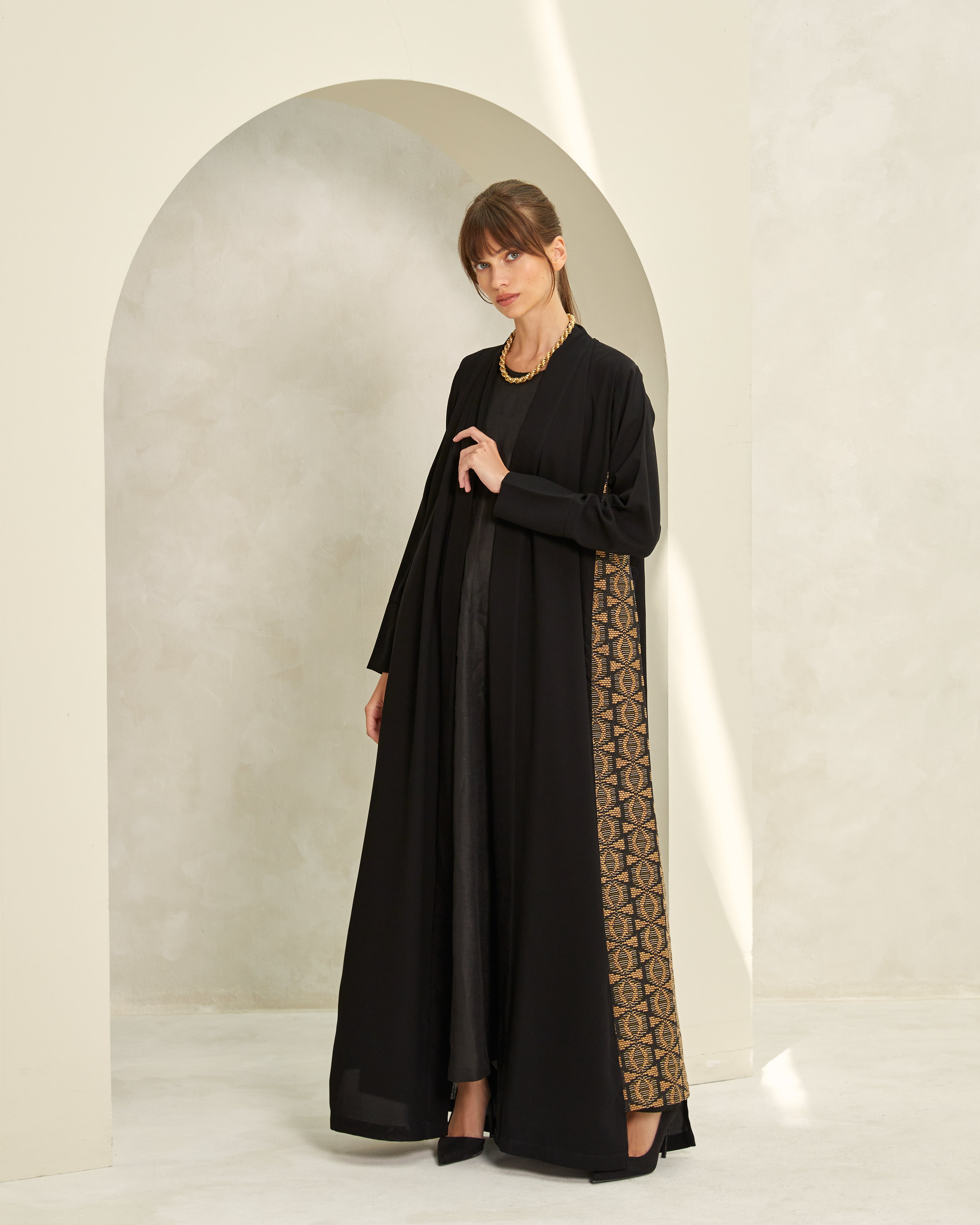 Black Crepe with Camel Colored Side Panels Abaya