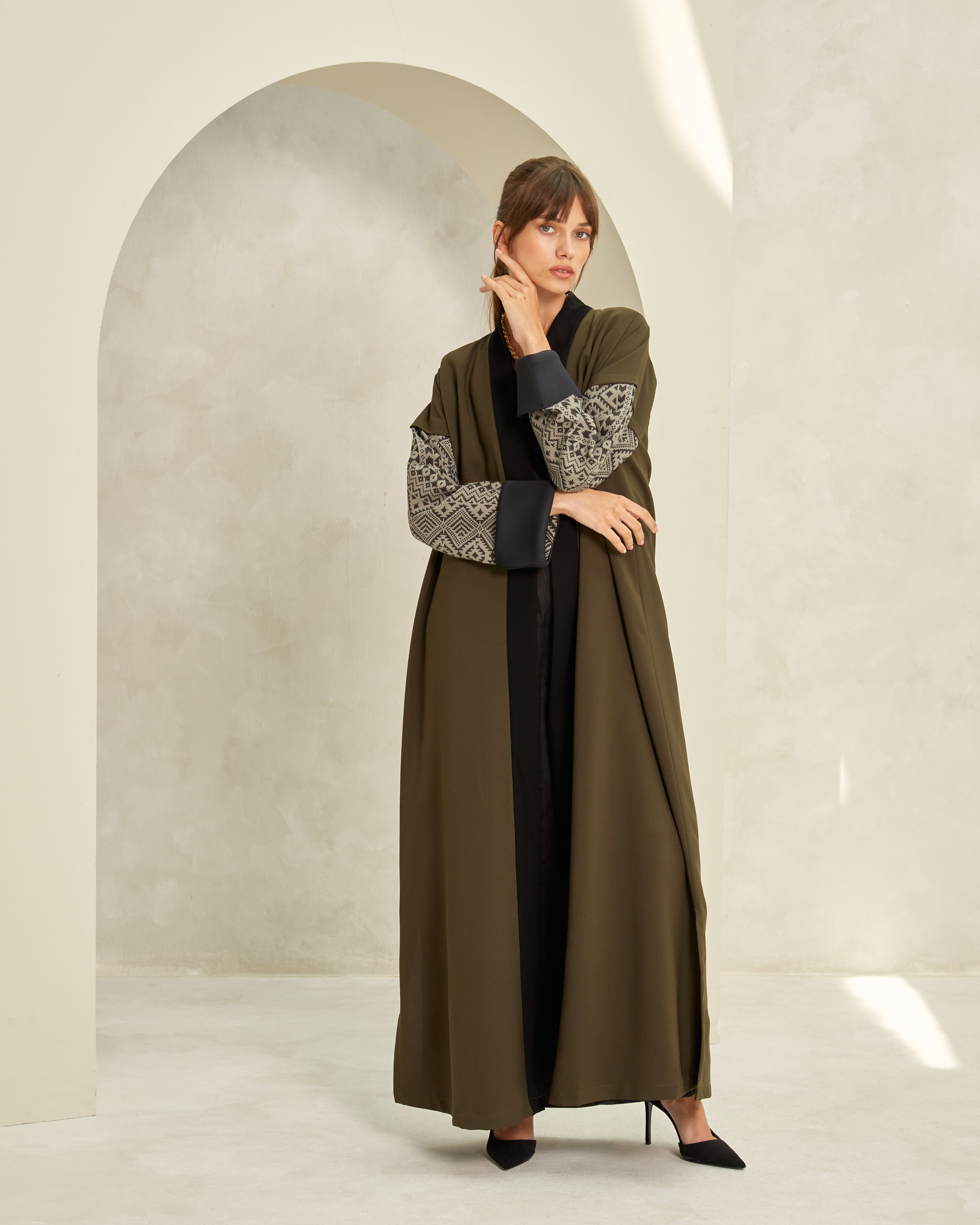 Dark Olive Crepe with Geometric Sleeves Abaya