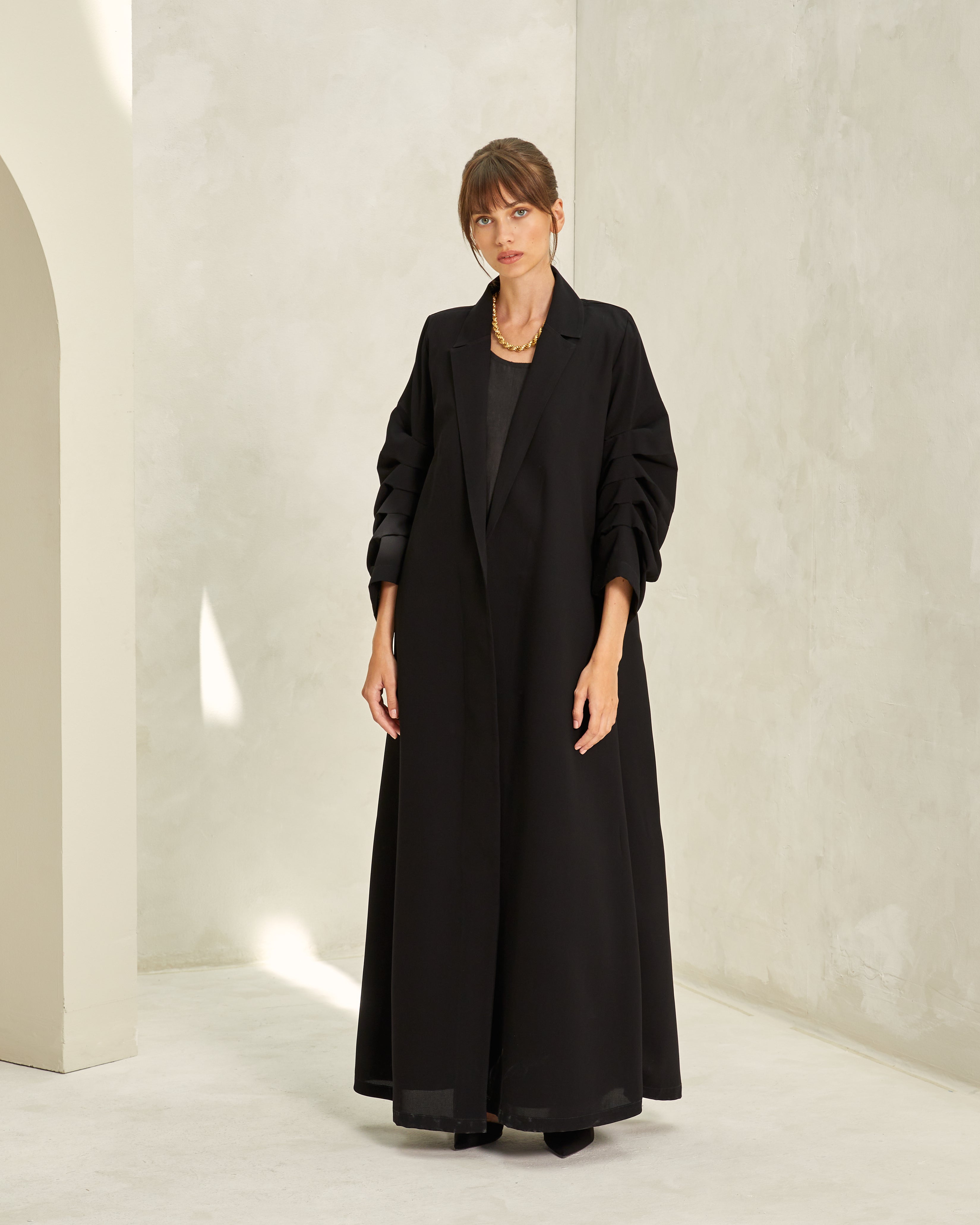 Black Crepe with Draped Sleeves Abaya