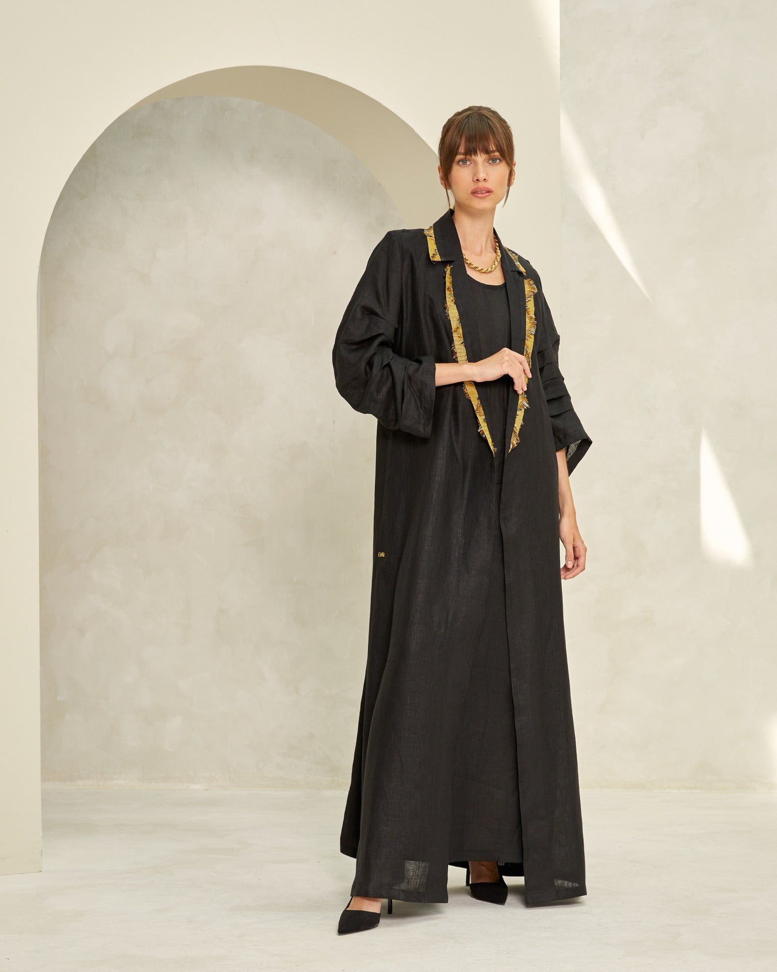 Black Linen Draped Sleeve Abaya with Gold Back Panel