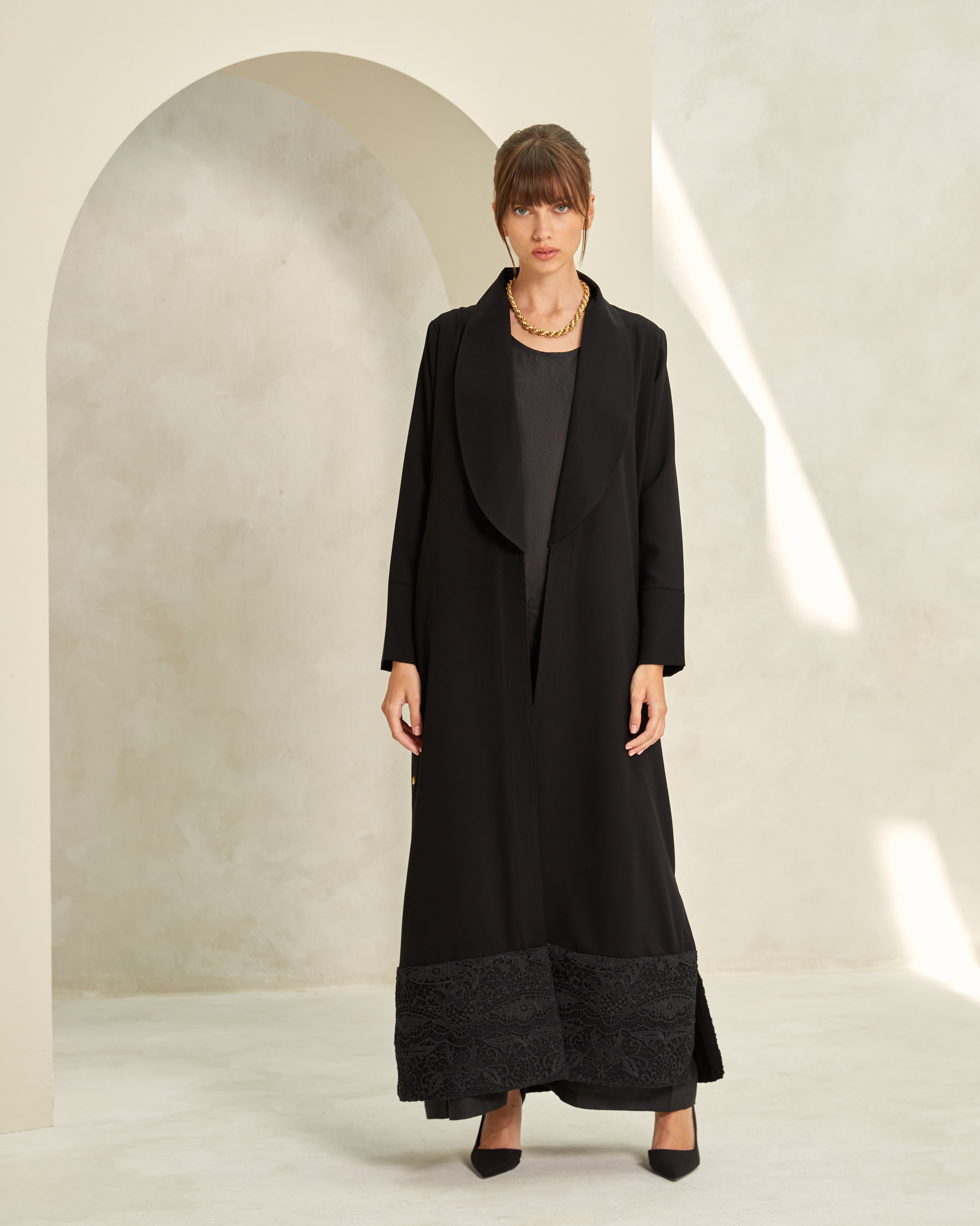 Black T-Length Abaya with Lace Border