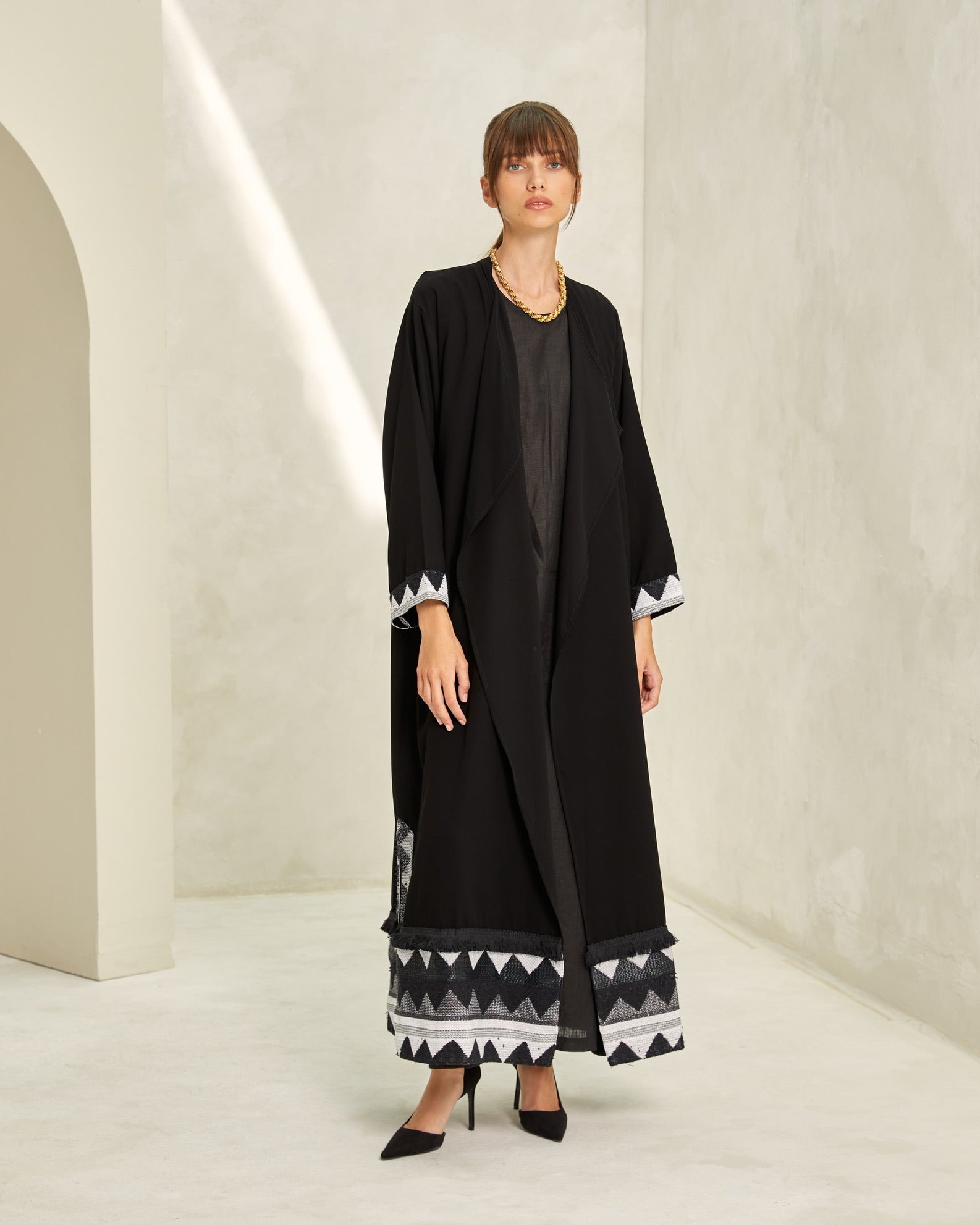 Black T-Length Abaya with Geometric Fringe Border