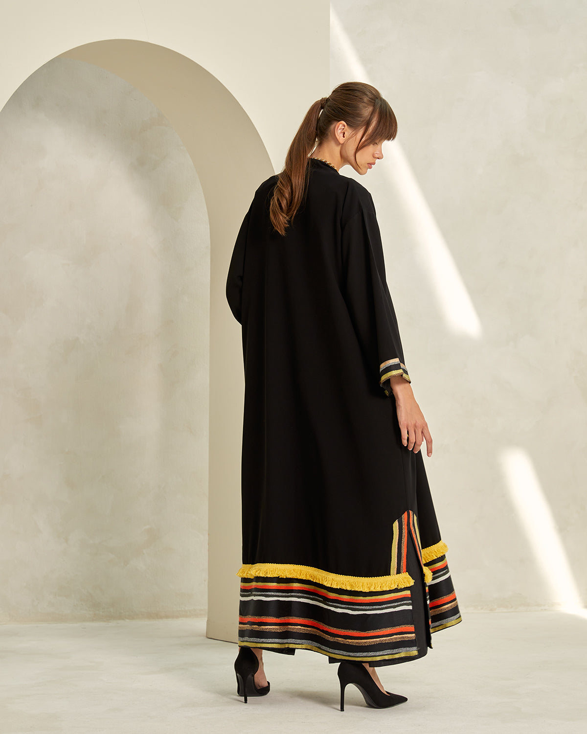 T-Length Black Crepe Abaya with Multicolor Border and Yellow Fringe