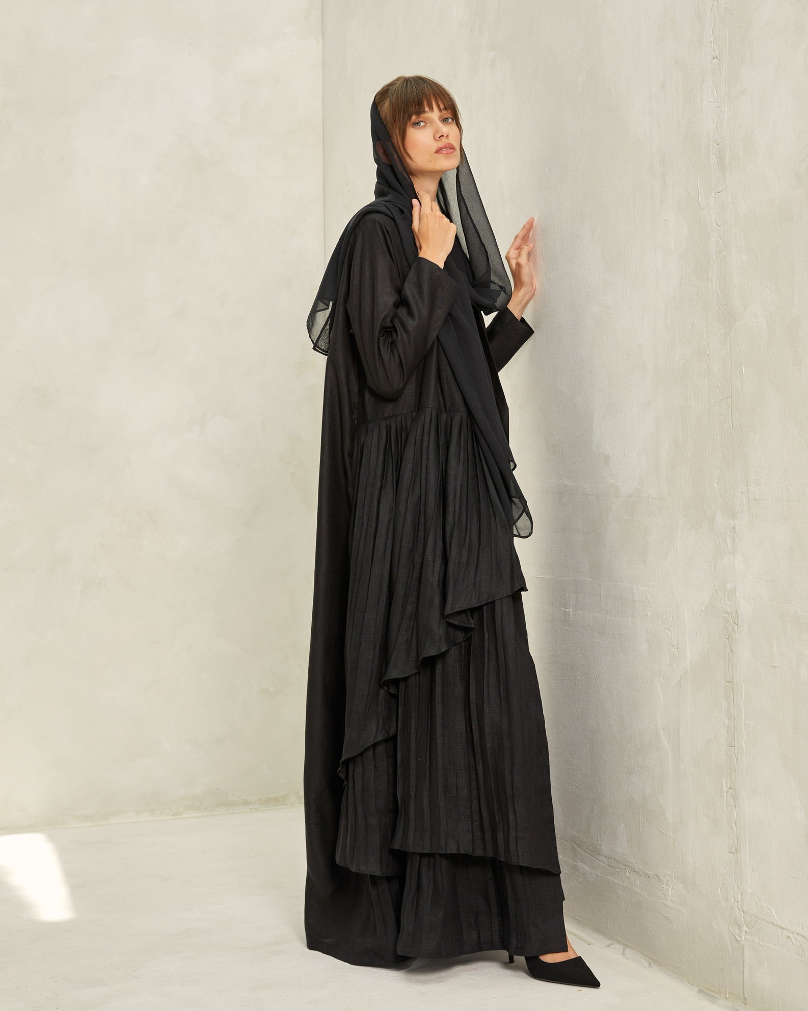 Black Linen Abaya with Layered Side Pleats