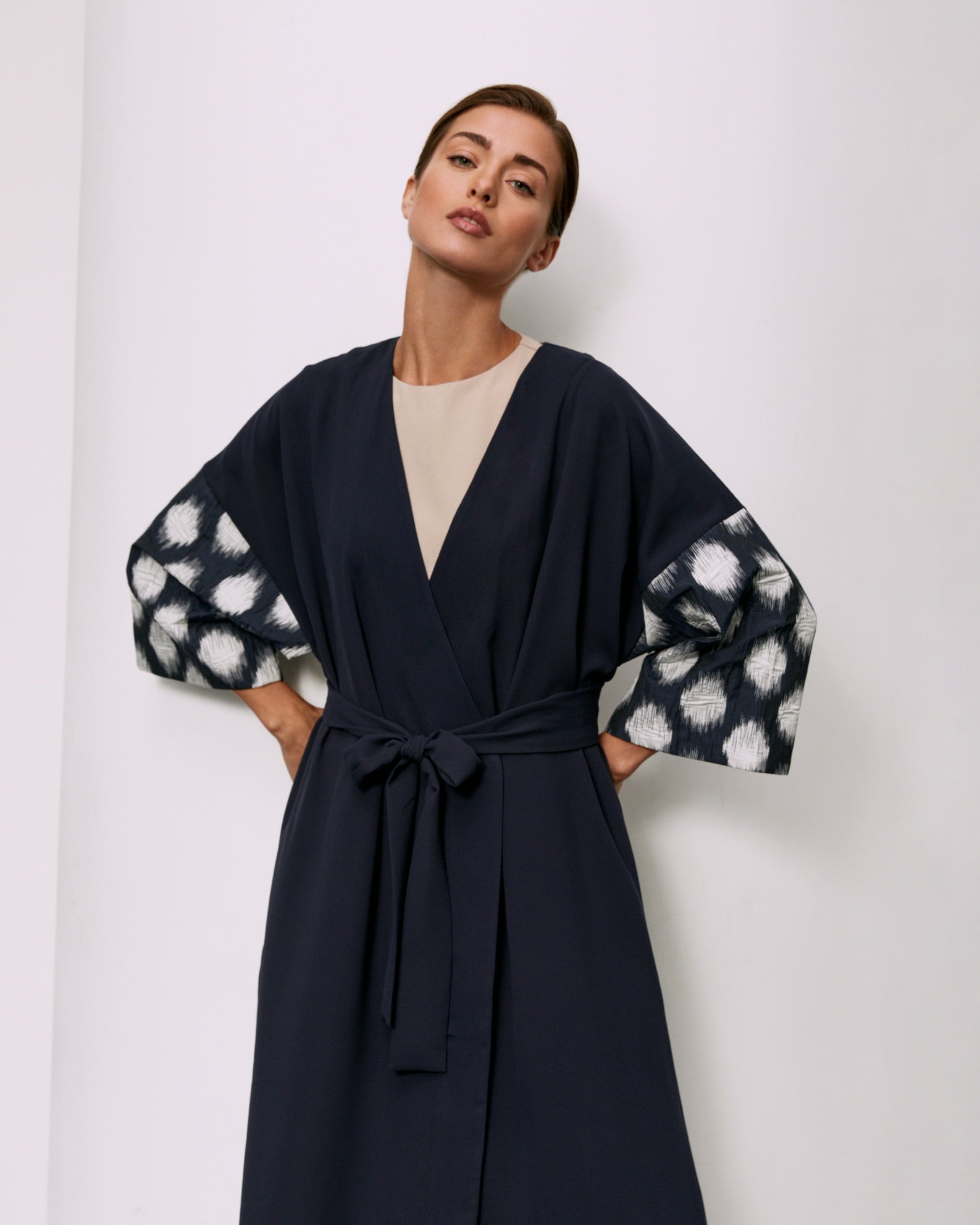 Navy Crepe with Ikat Sleeves Abaya