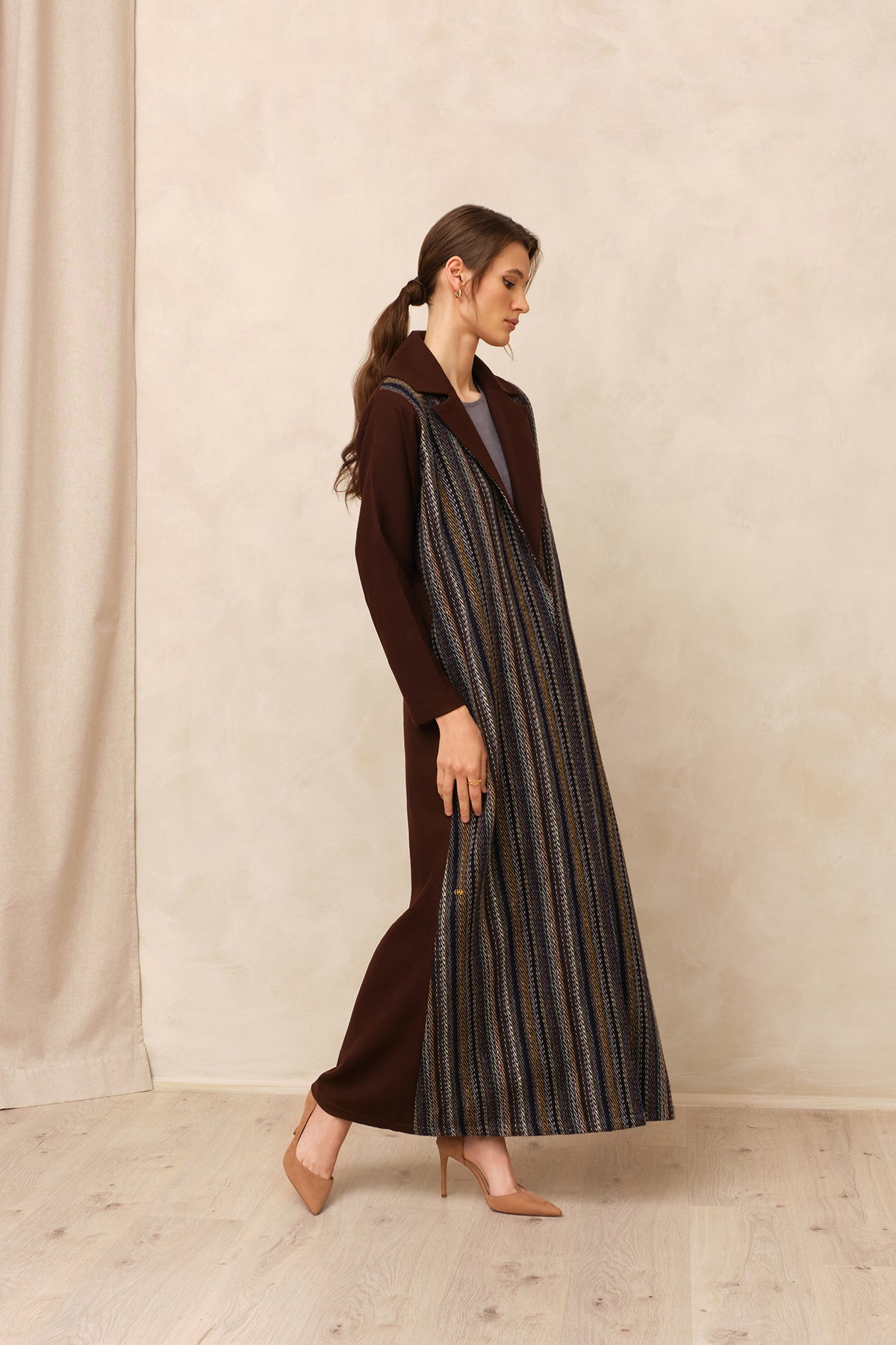 Brown Wool Coat with Geometric Tweed