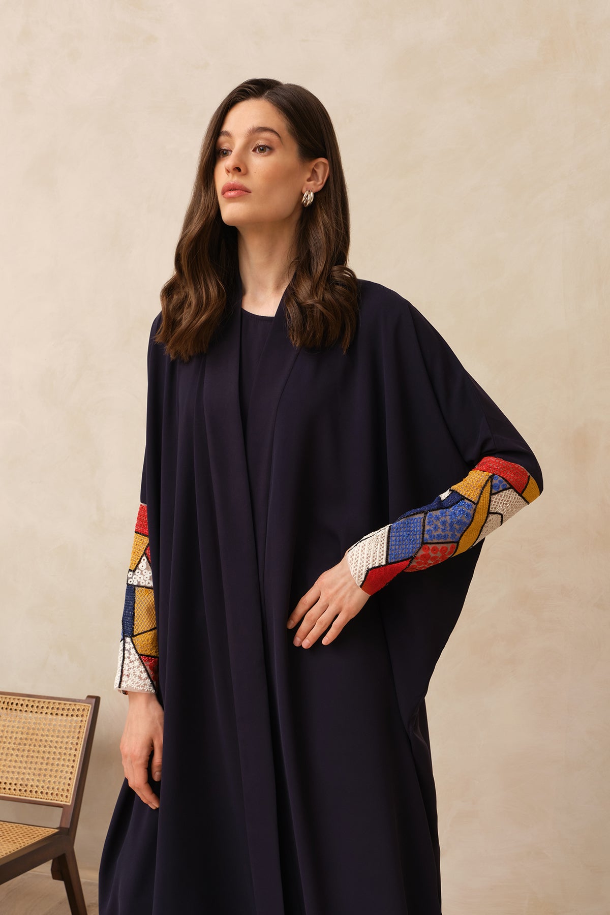 Navy Crepe with Multicolored Hand Embroidery Sleeves