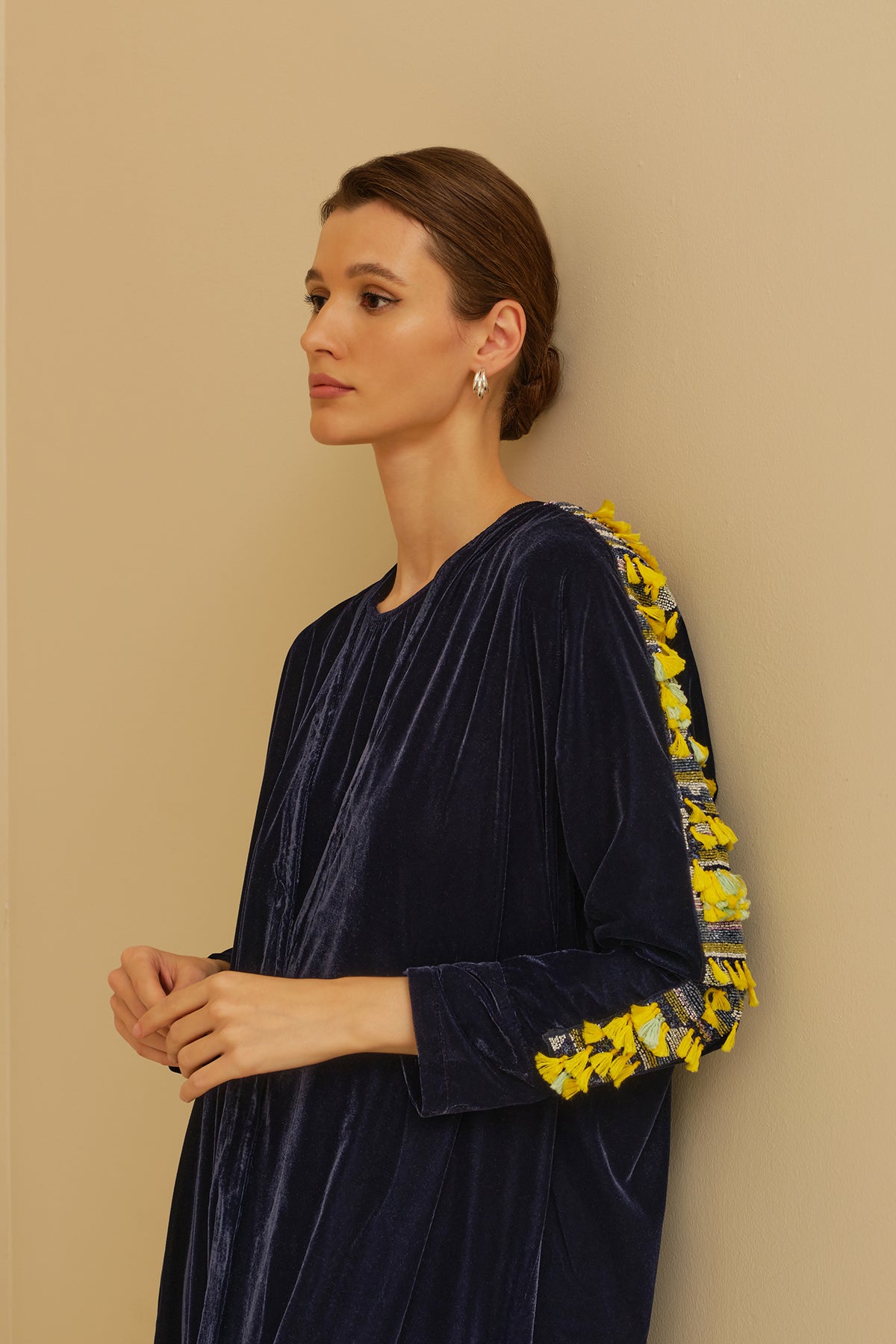Navy Velvet Abaya with Yellow Tassel Hand Embroidery Details