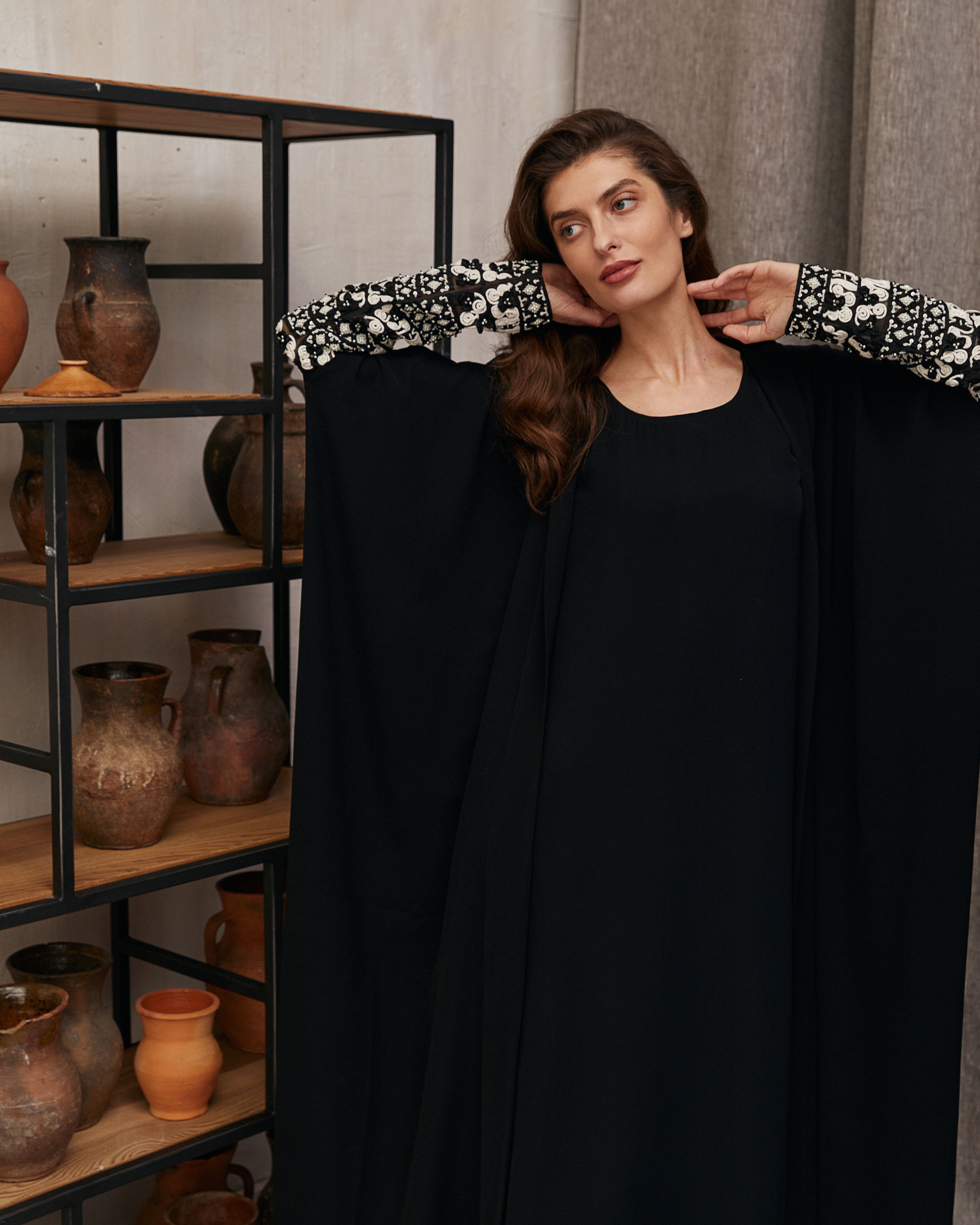 Black Soft Crepe with Cord and Pearl Sleeve Embroidery Abaya