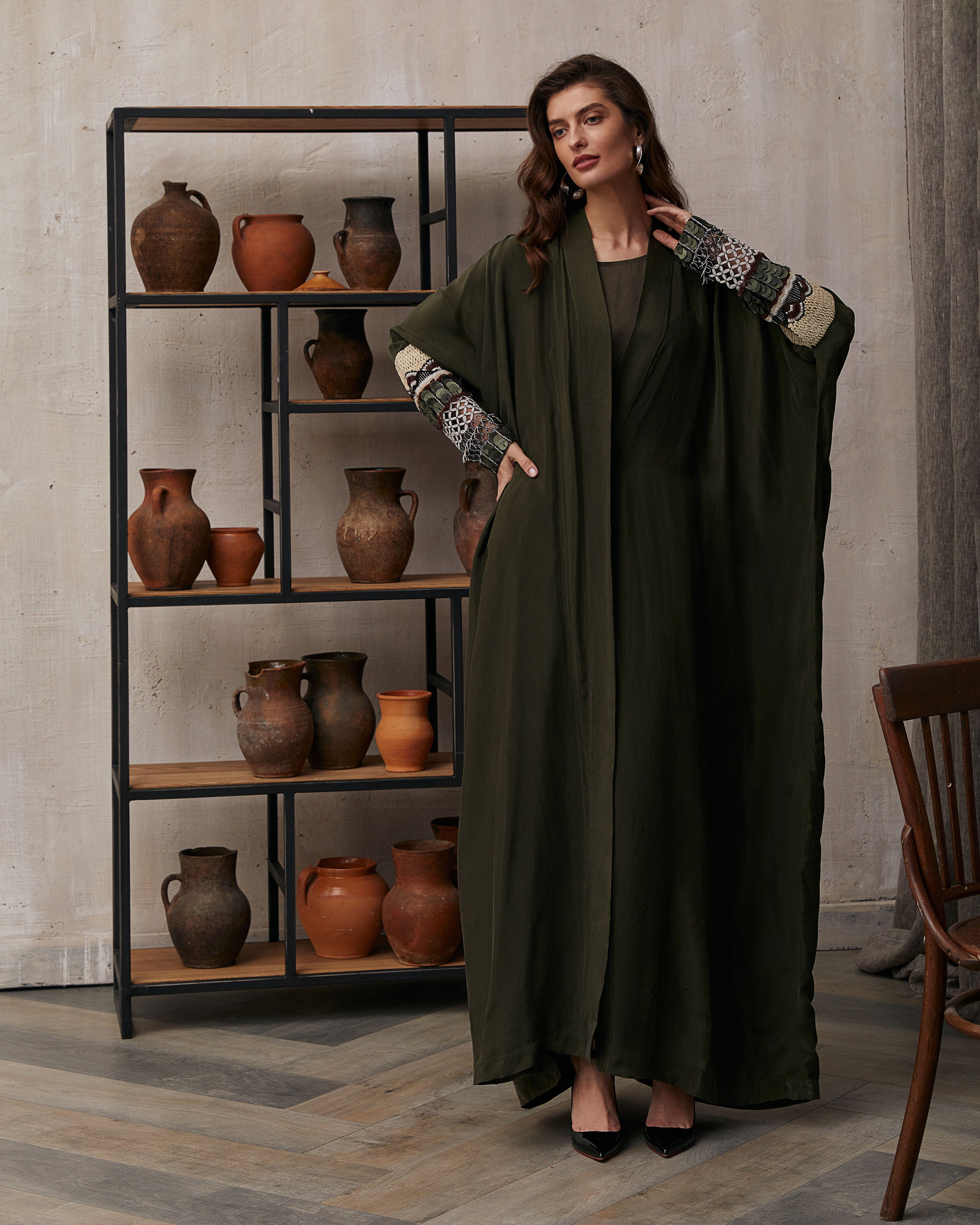 Olive Washed Silk with Neutral Sleeves Embroidery