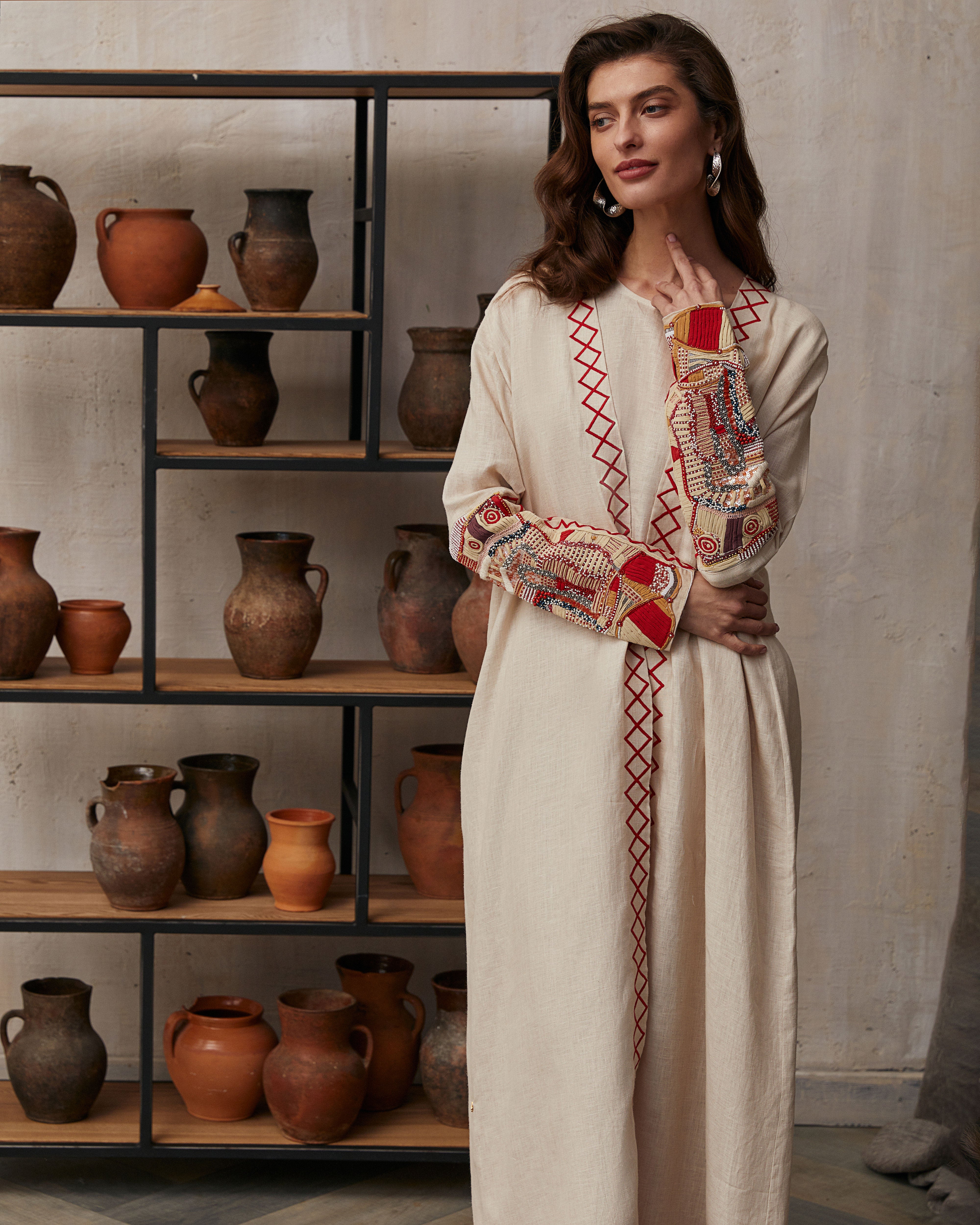 Light Beige Linen with Red and Beige Embroidery Abaya