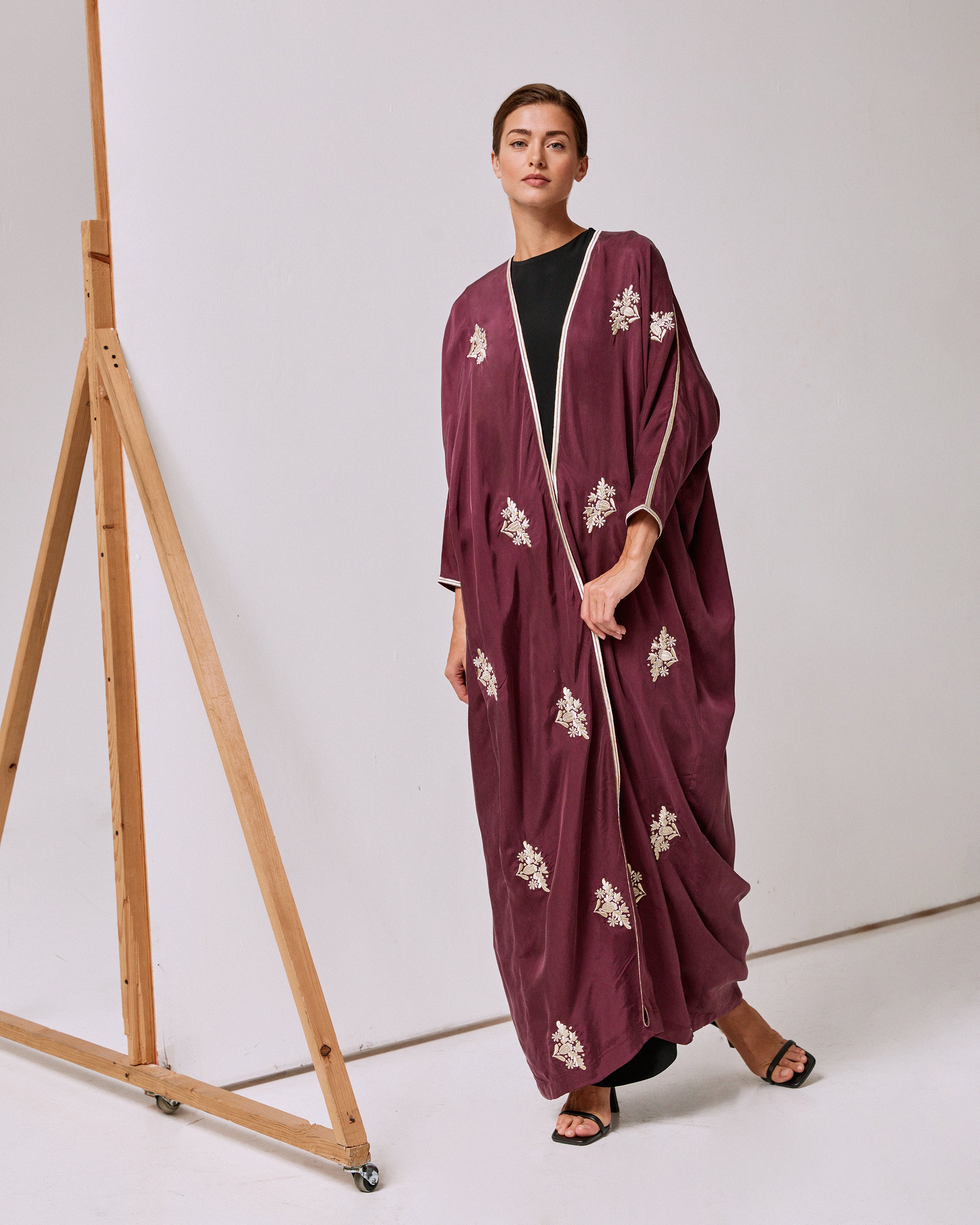 Burgundy Washed Silk Lotus Embroidery Abaya