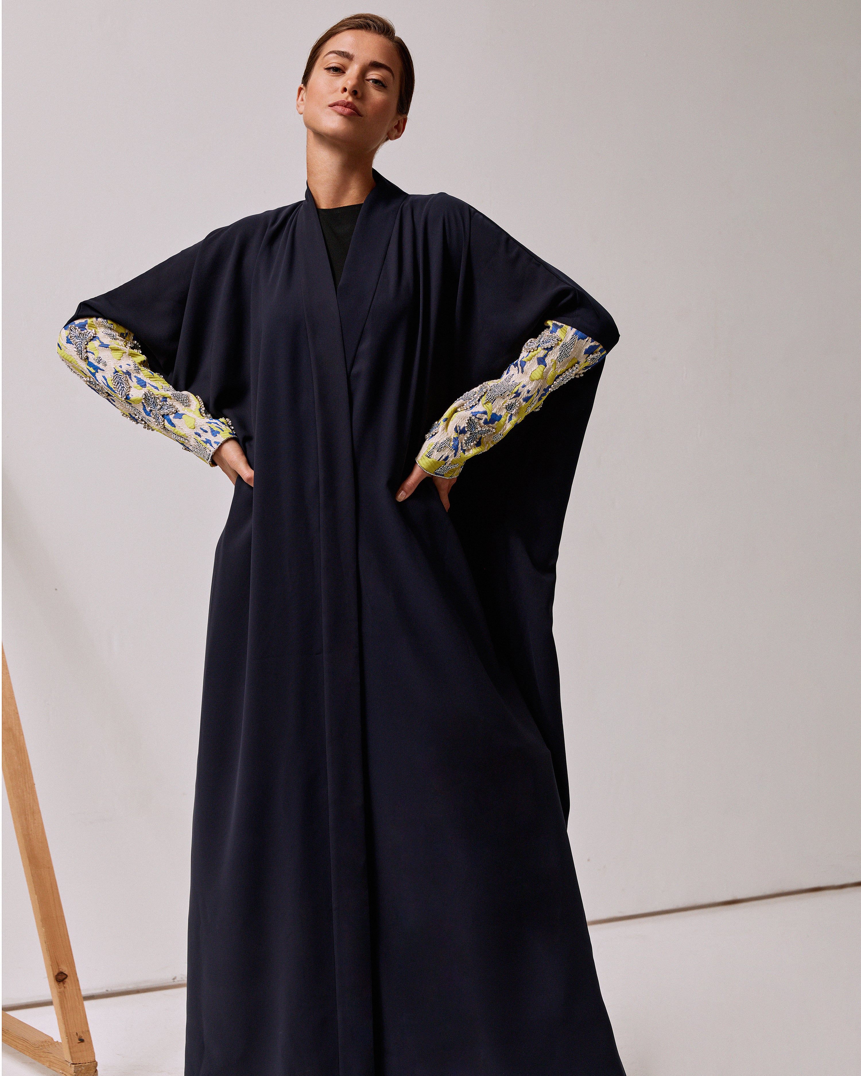 Navy Crepe with Swarovski Crystal Embroidery Sleeve Abaya