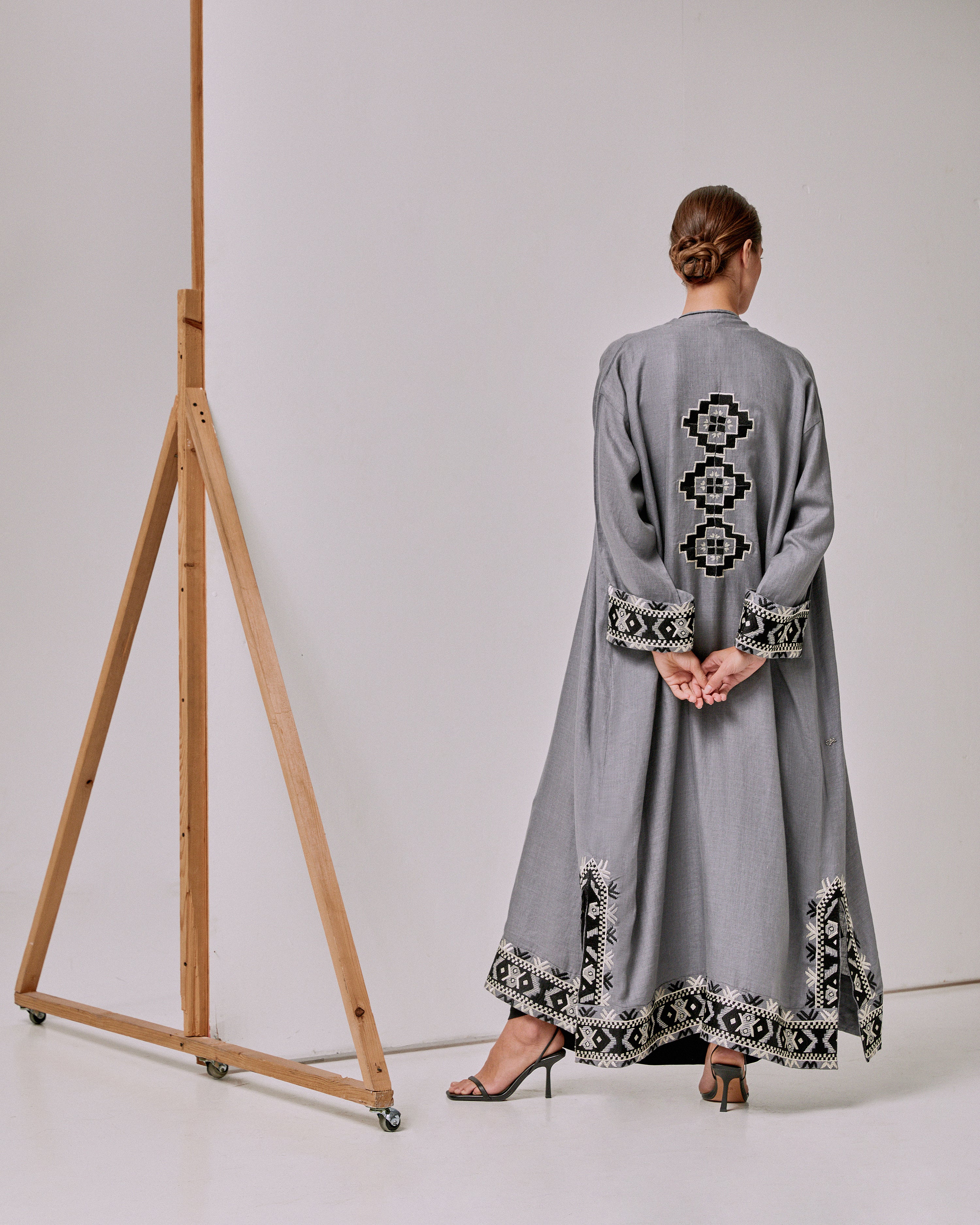 T-Length Gray Linen with Black Embroidery