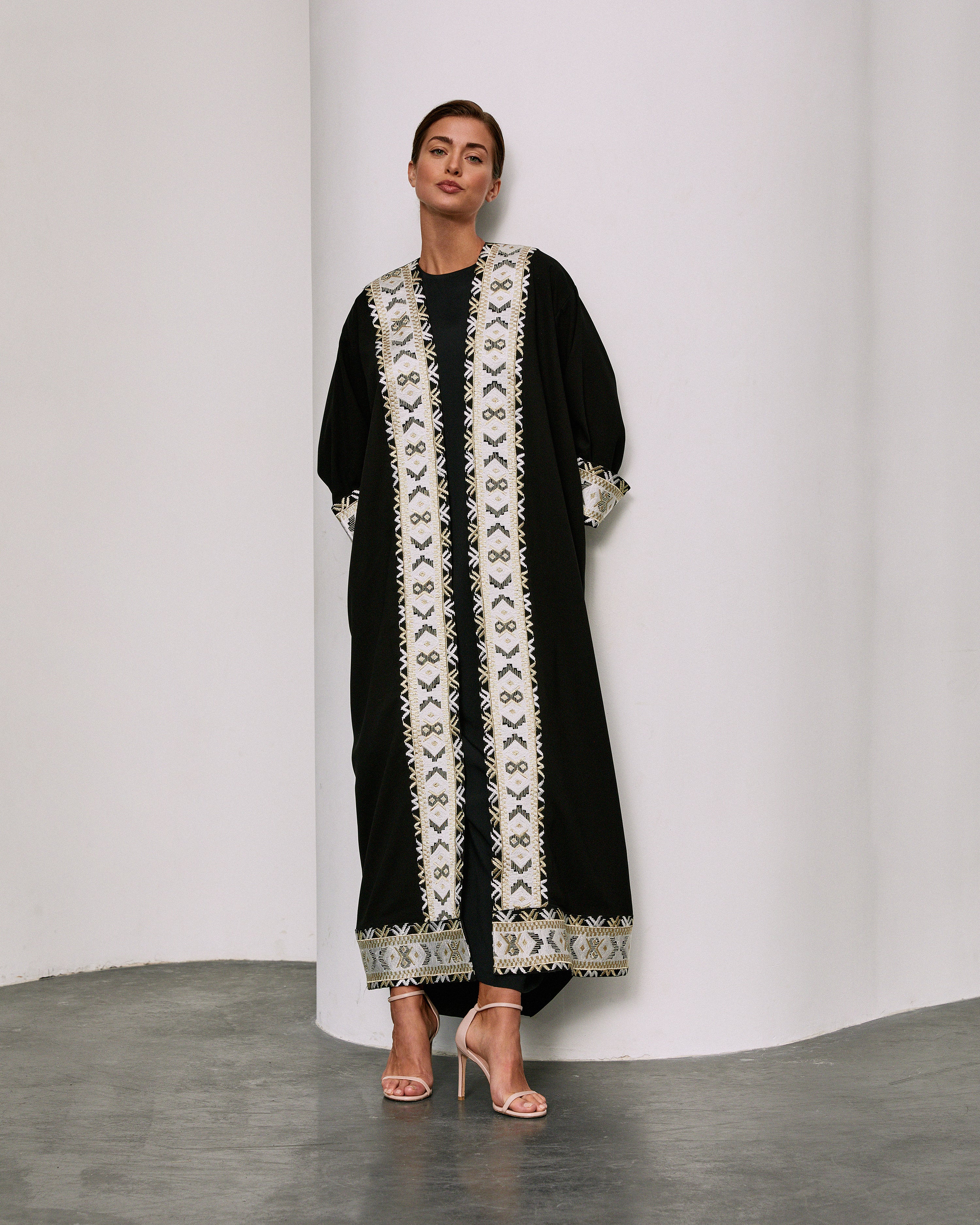 Black Crepe with White Embroidery Border Abaya