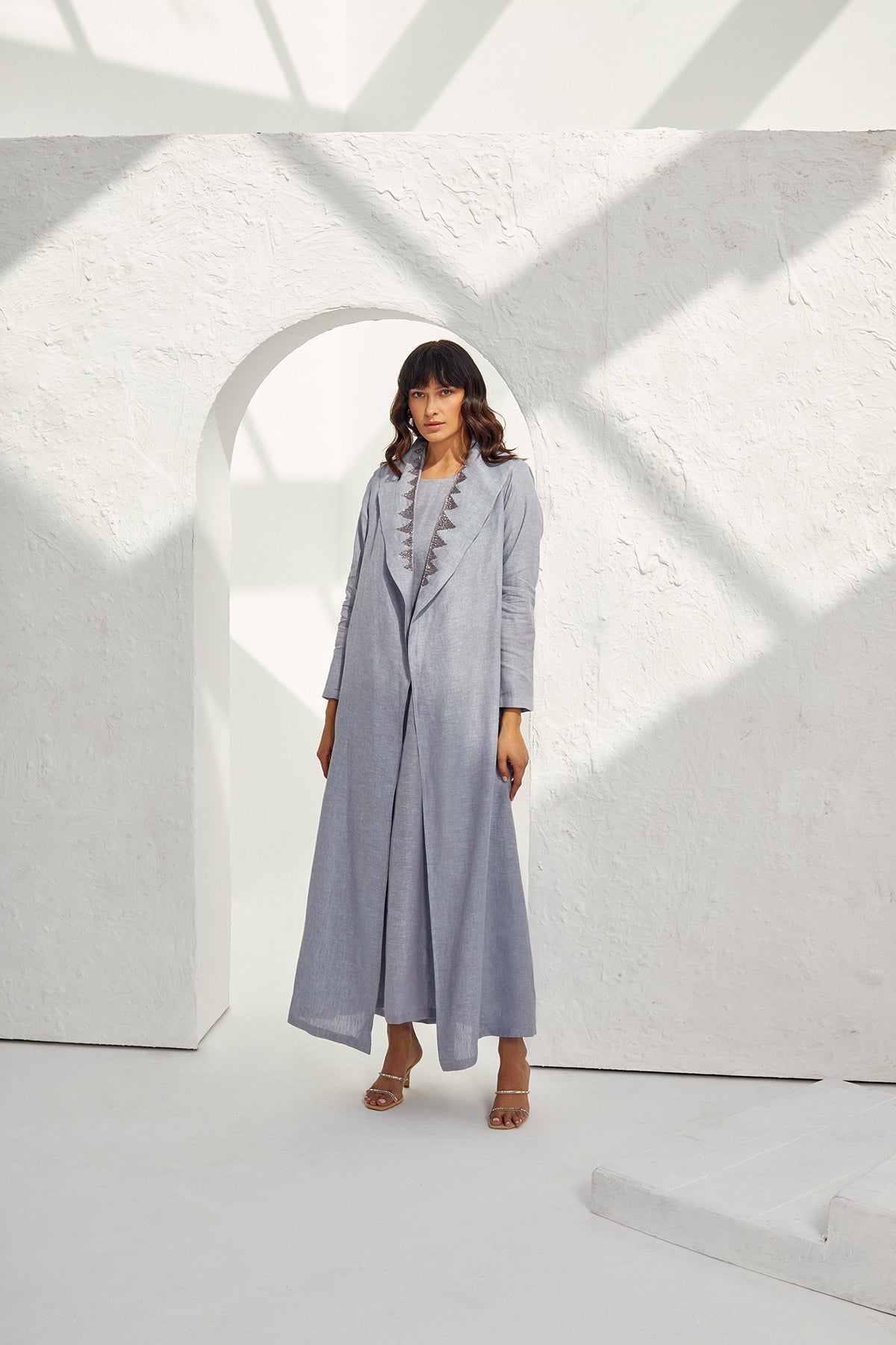 Lavender Linen Coat with Hand Embroidery Details